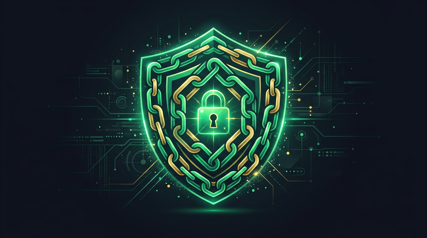 链条与盾牌意象，表达不可否认与完整性